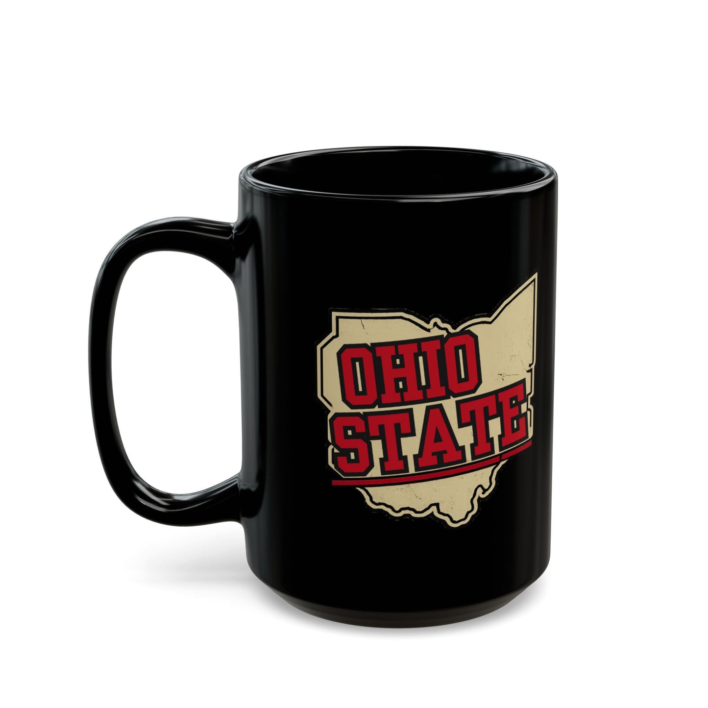 Black mug with "Ohio State" text inside an outline of Ohio.