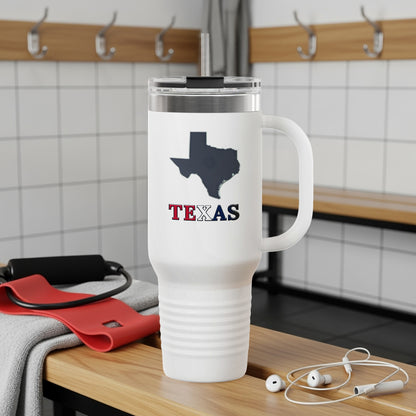 White travel mug with Texas map and the word "Texas".