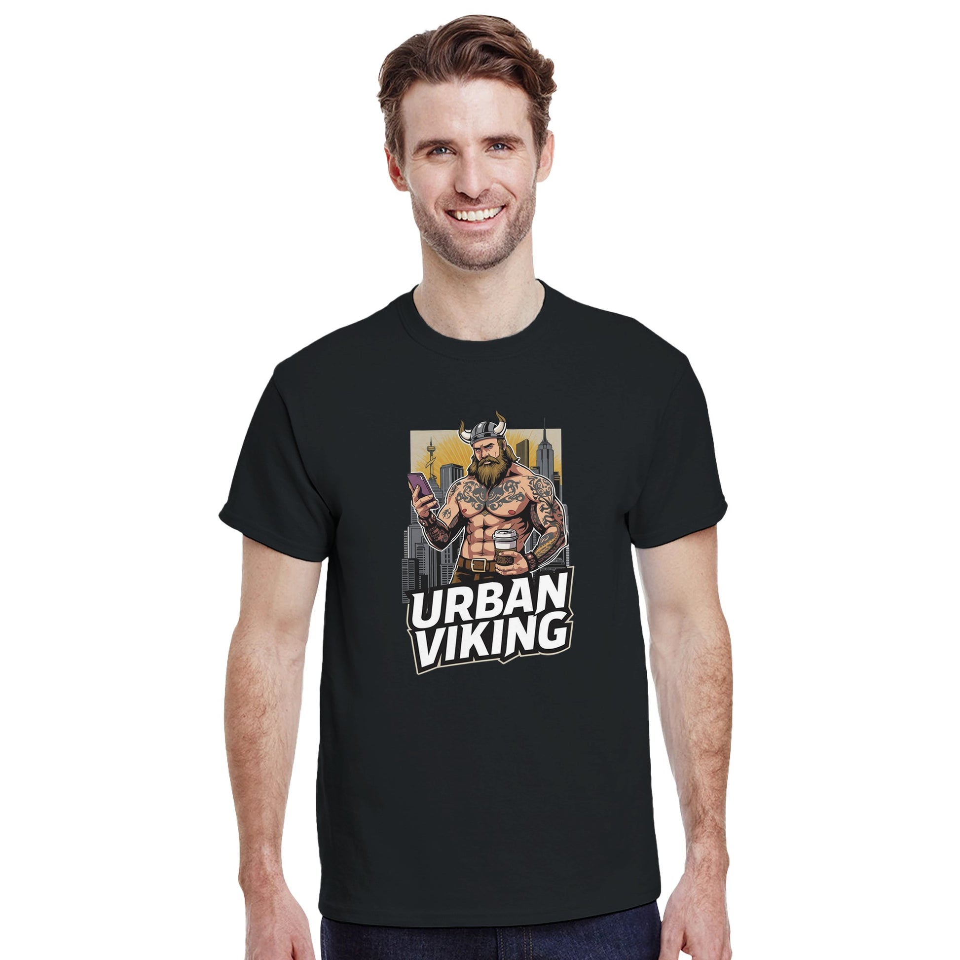 Person wearing a gray t-shirt with 'Urban Viking' graphic design in an indoor setting