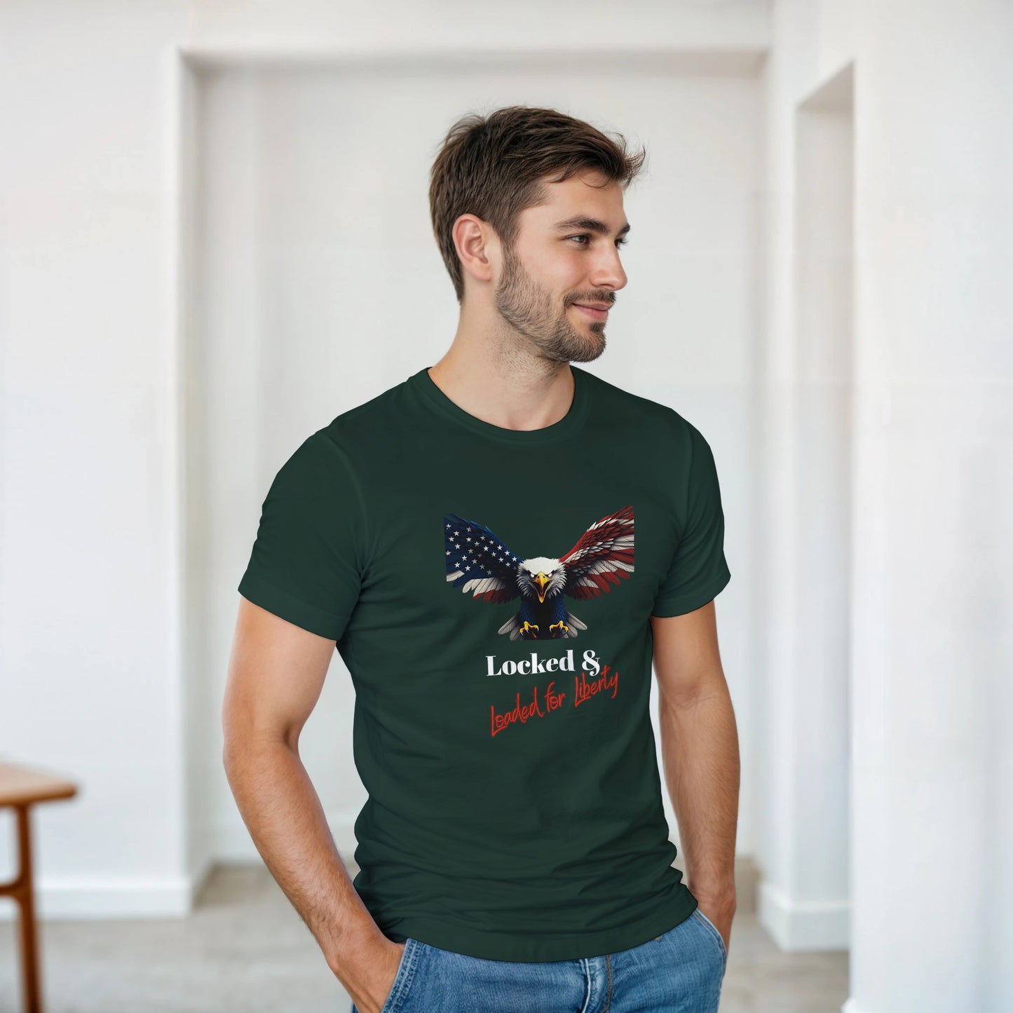 Locked & Loaded For Liberty Patriotic Eagle on a Heavyweight T-shirt