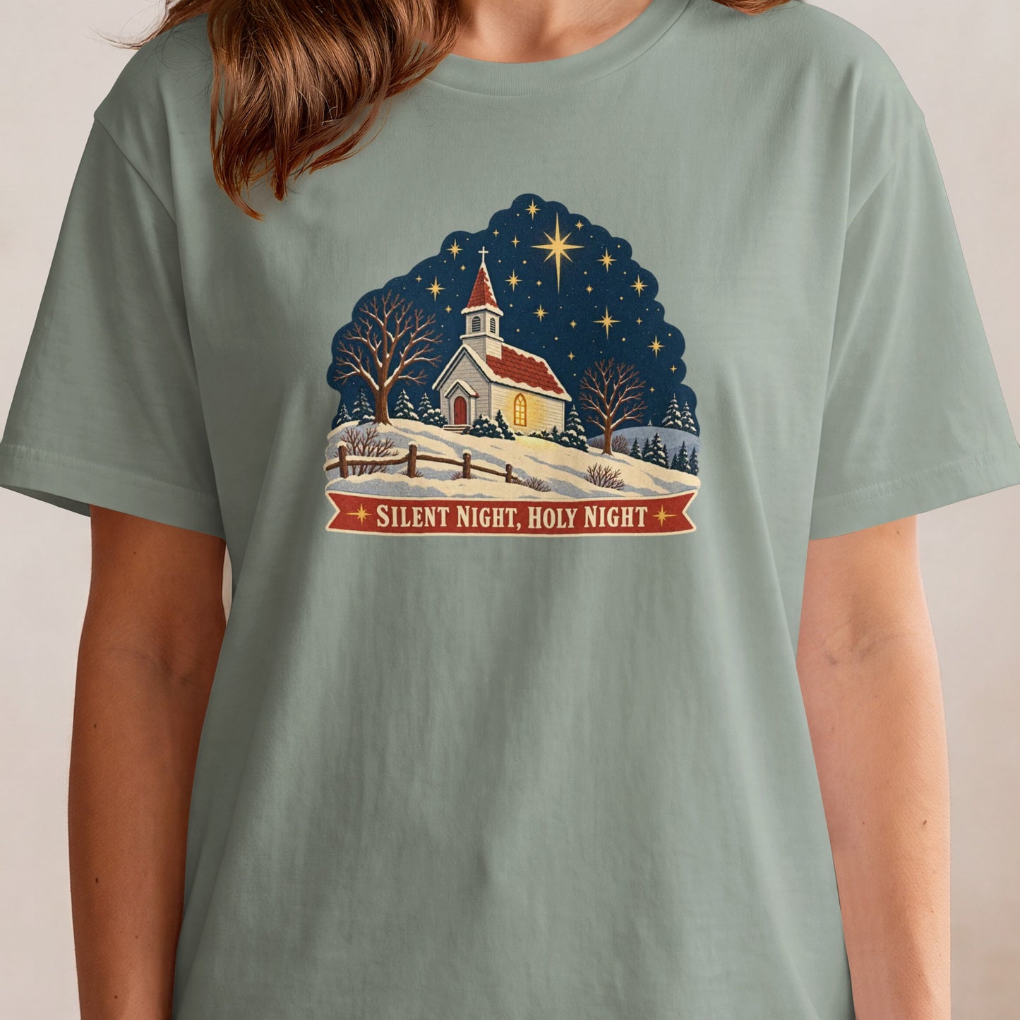 Christmas church scene with text "Silent Night, Holy Night" on a grey t-shirt.