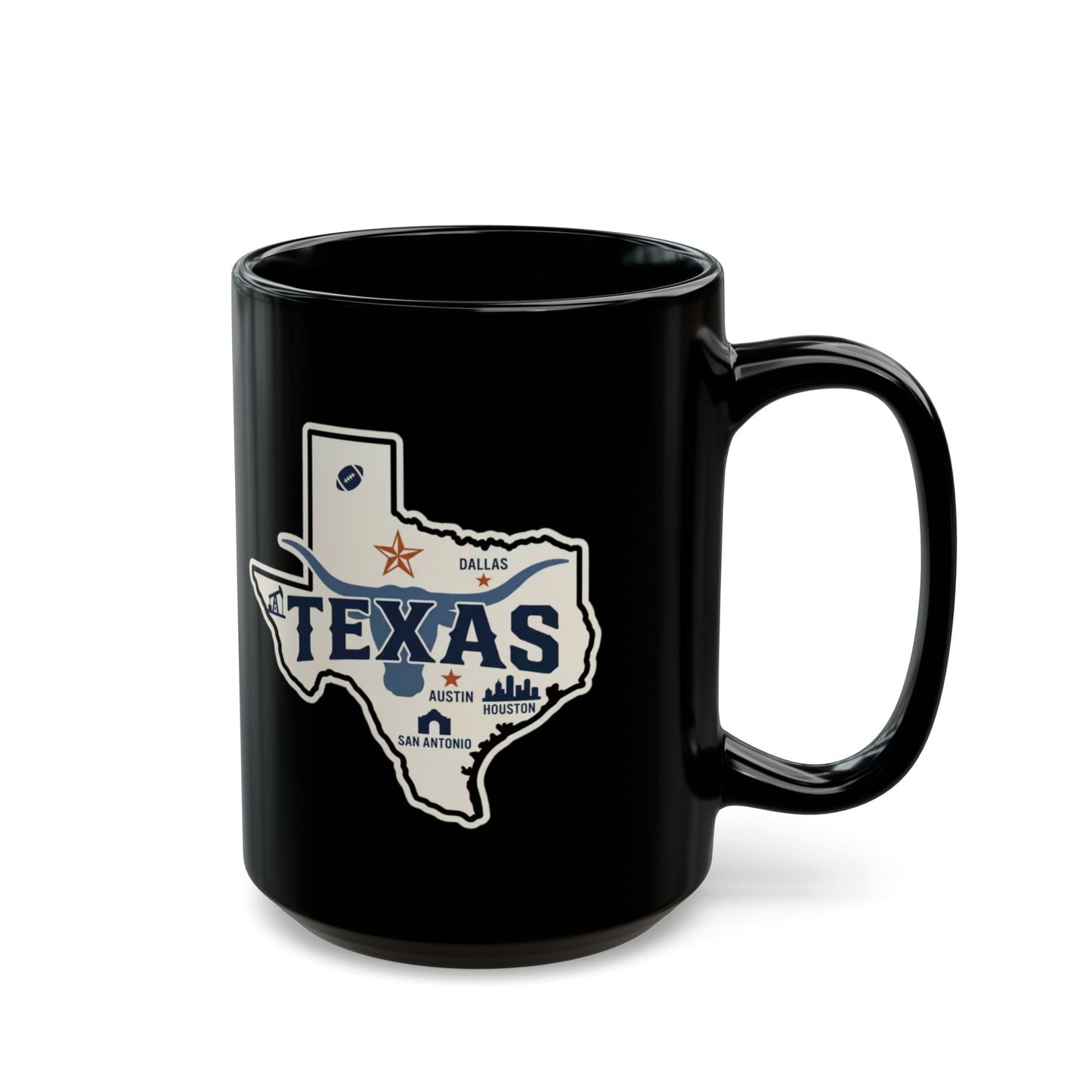 Black mug featuring a Texas outline with city names and state symbols.