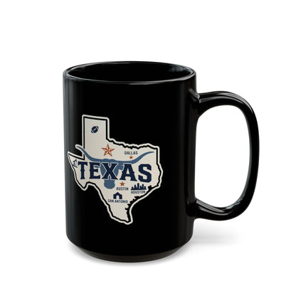 Black mug featuring a Texas outline with city names and state symbols.