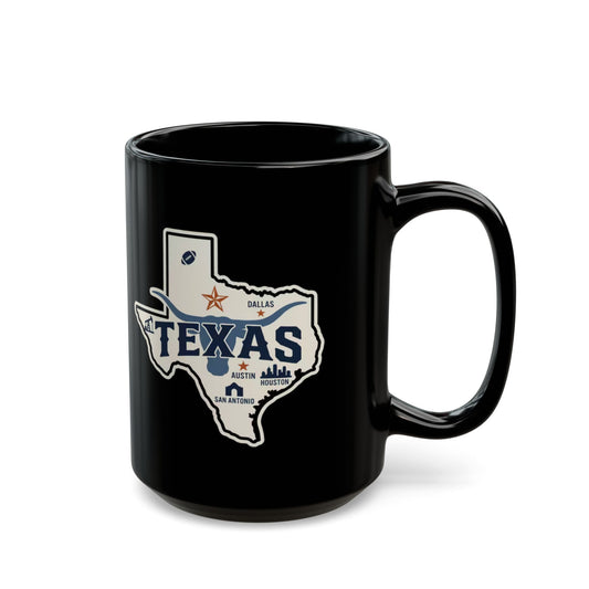 Black mug featuring a Texas outline with city names and state symbols.