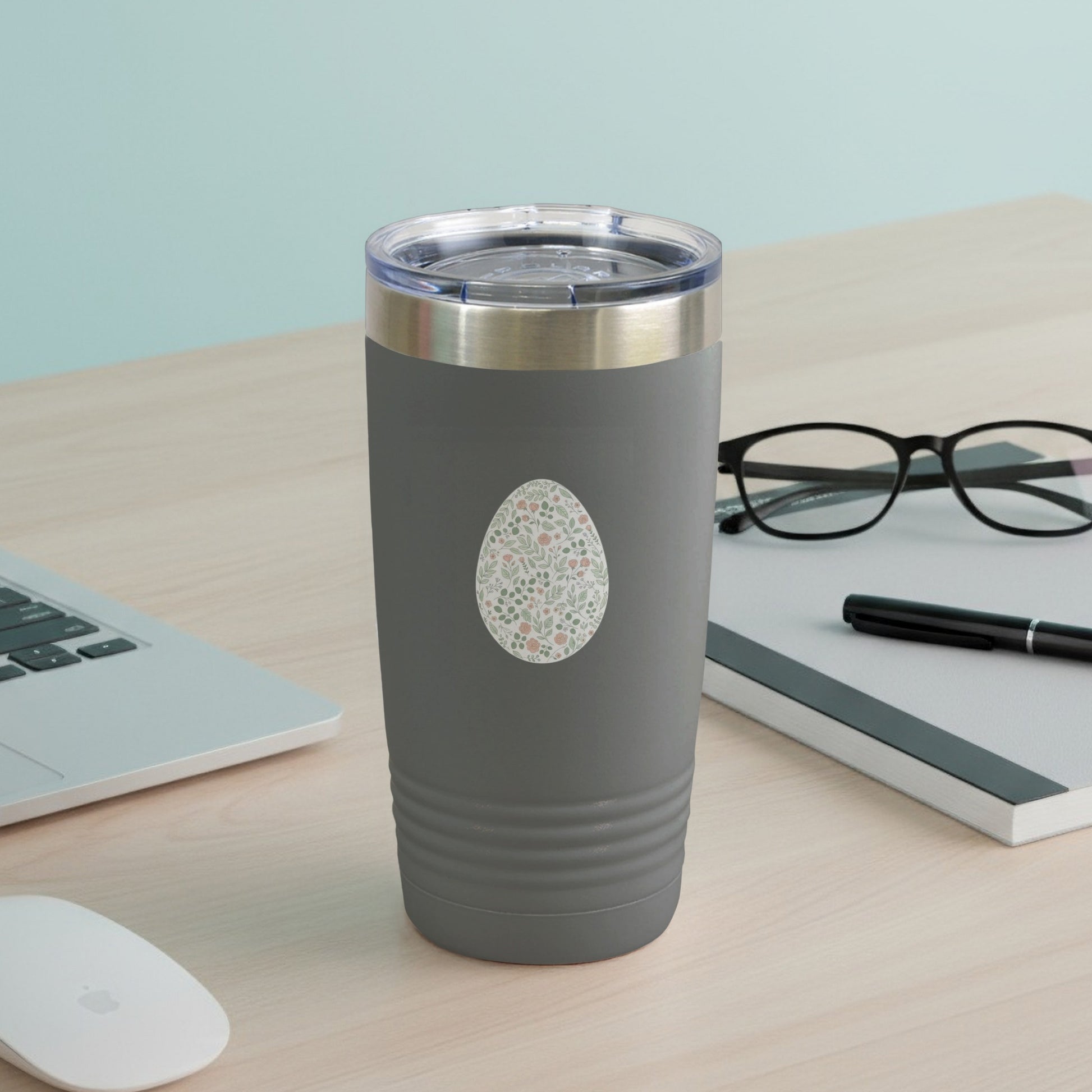 Stylish Gray Tumbler with Decorative Egg Design