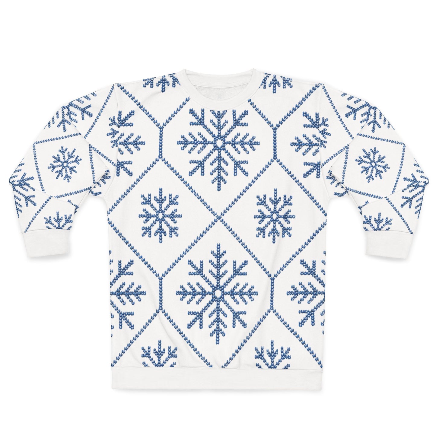 White sweatshirt with a repeating blue snowflake and geometric pattern.