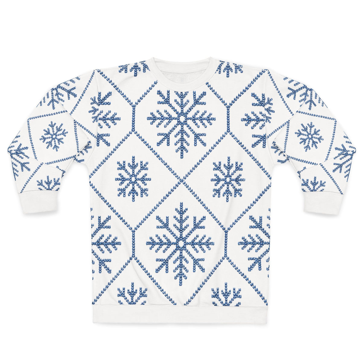 White sweatshirt with a repeating blue snowflake and geometric pattern.