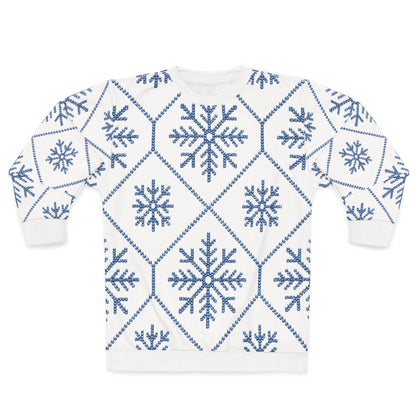 White sweatshirt with a repeating blue snowflake and geometric pattern.
