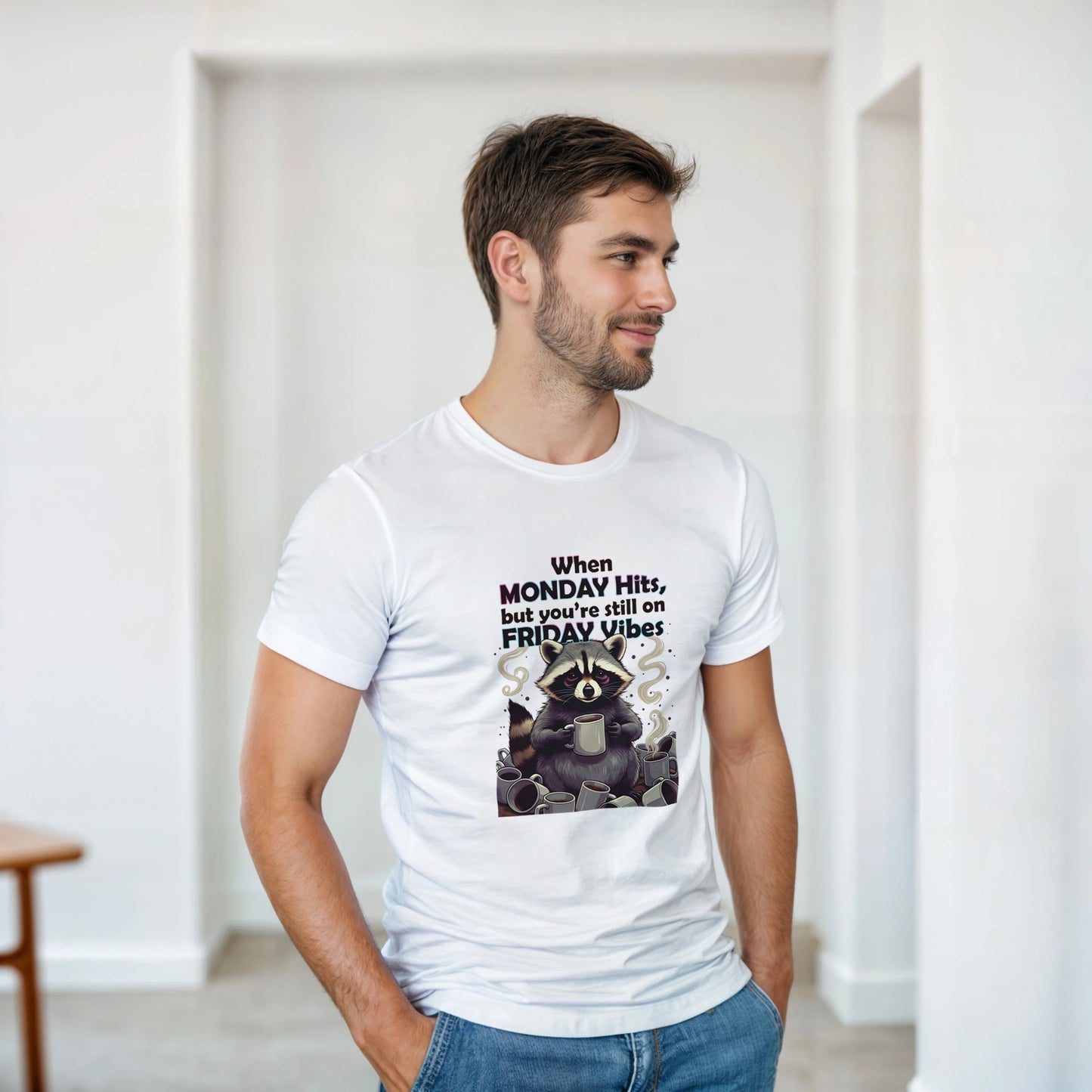When MONDAY Hits, But You're Still On FRIDAY Vibes Raccoon on a Heavyweight T on a shirt