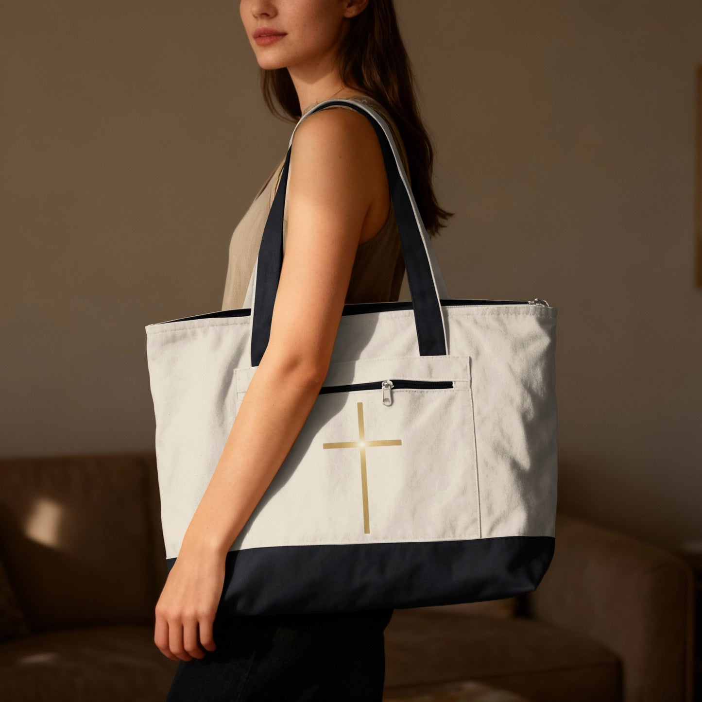 Golden Cross Design Beige Navy Zipper Tote Bag product type