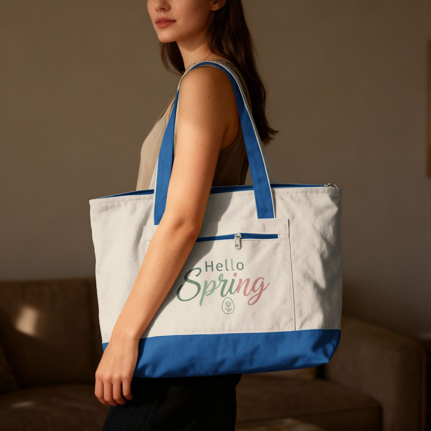 Hello Spring Blue White Zipper Tote Bag product type