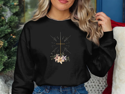 Black crewneck sweatshirt with a floral cross design.