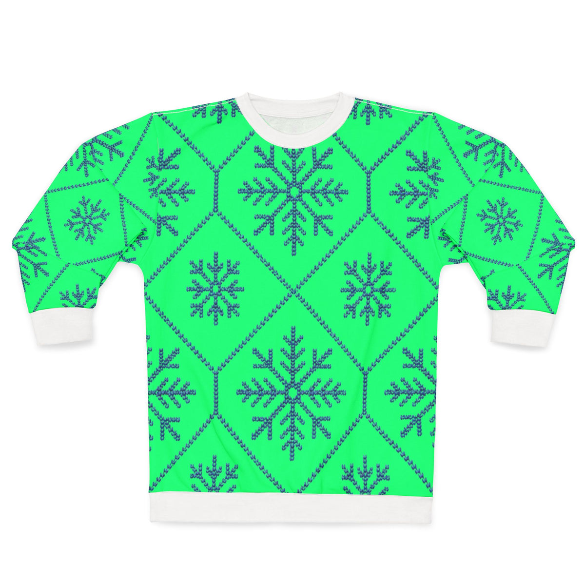 Green crewneck sweatshirt with a blue snowflake pattern and white cuffs.
