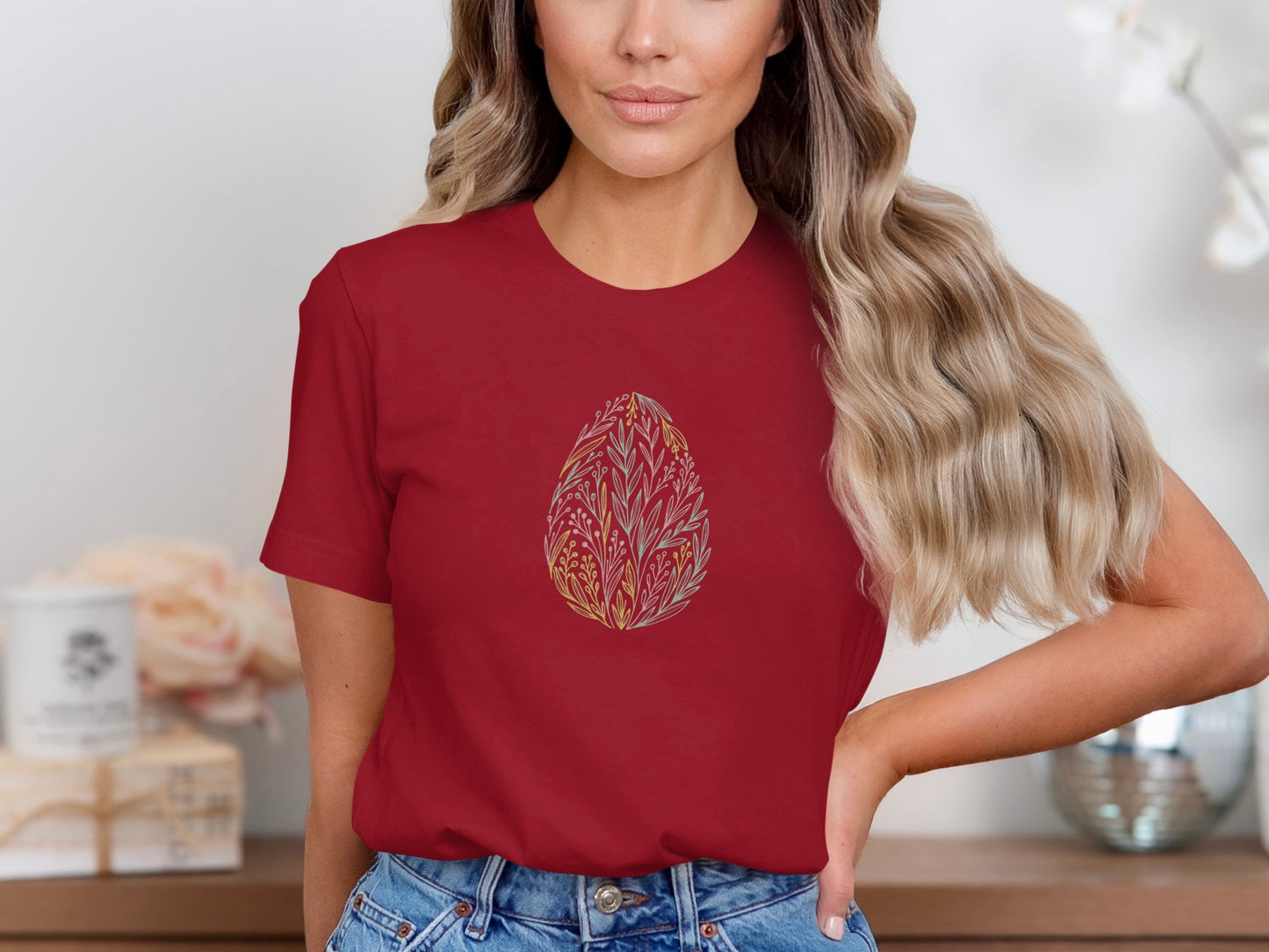 Red T-shirt with Ornate Leaf Design Ideal Casual Wear