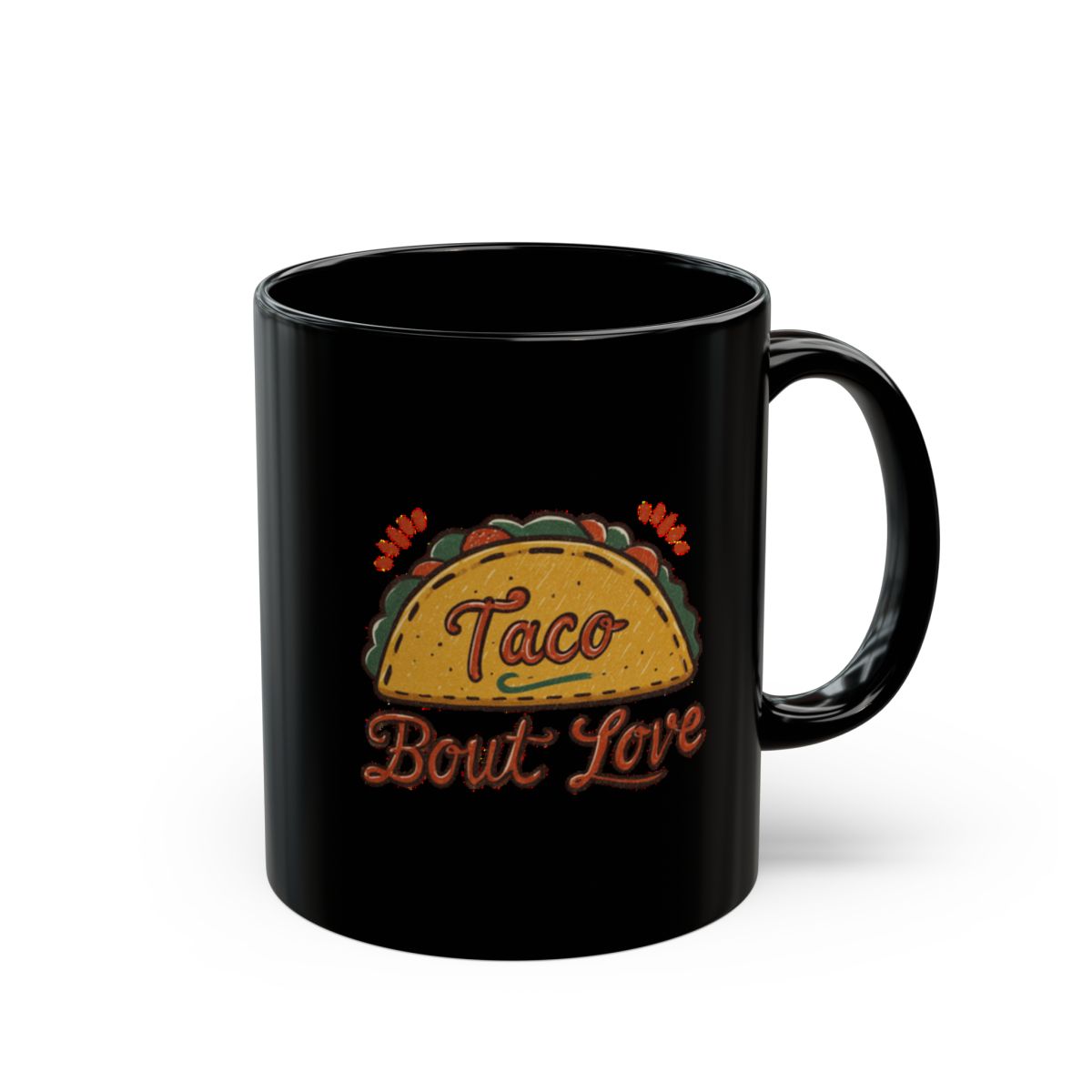Taco 'Bout Love phrase with a Vintage & Retro design on an 11/15oz Black Mug