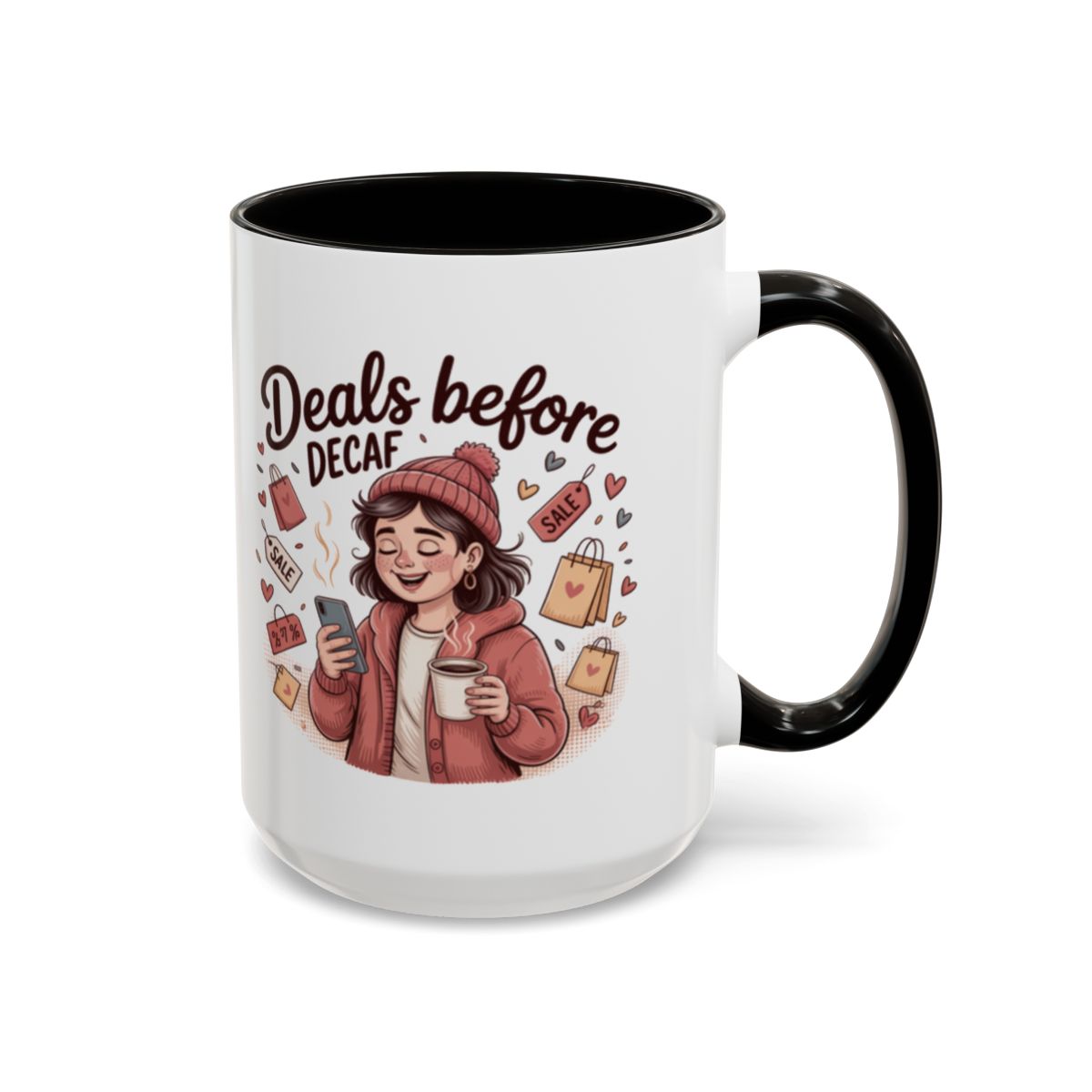 Deals Before Decaf Coffee Mug with Fun Illustration
