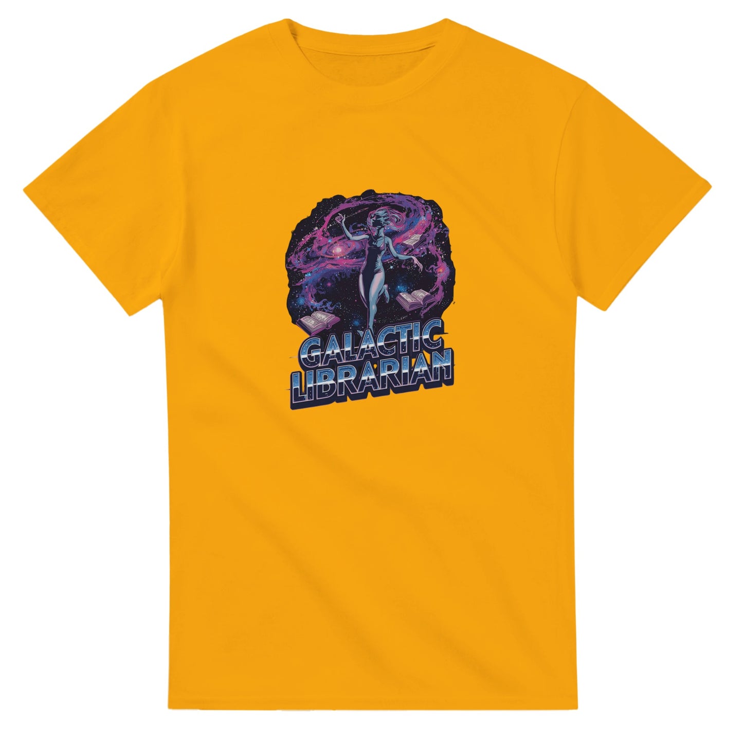 Woman wearing a red t-shirt with a graphic design, holding shopping bags in a mall.