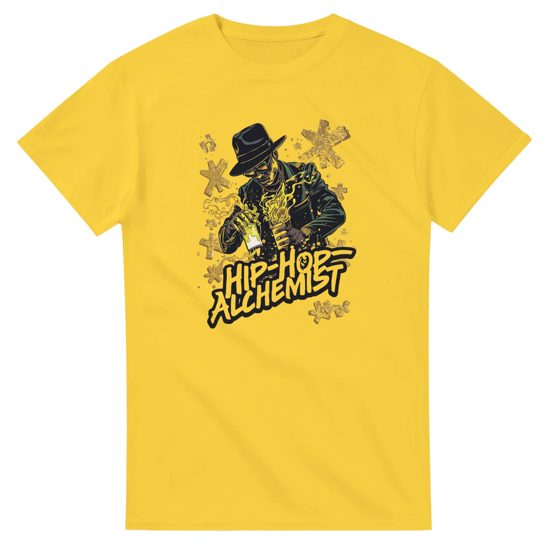 Man wearing a red t-shirt with a graphic design, holding shopping bags in a blurred indoor setting