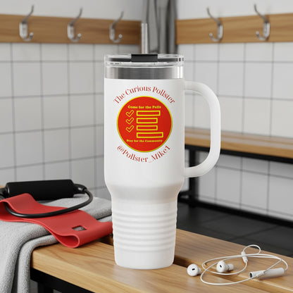 White tumbler with "The Curious Pollster" logo and "Come for the Polls Stay for the Community" text.