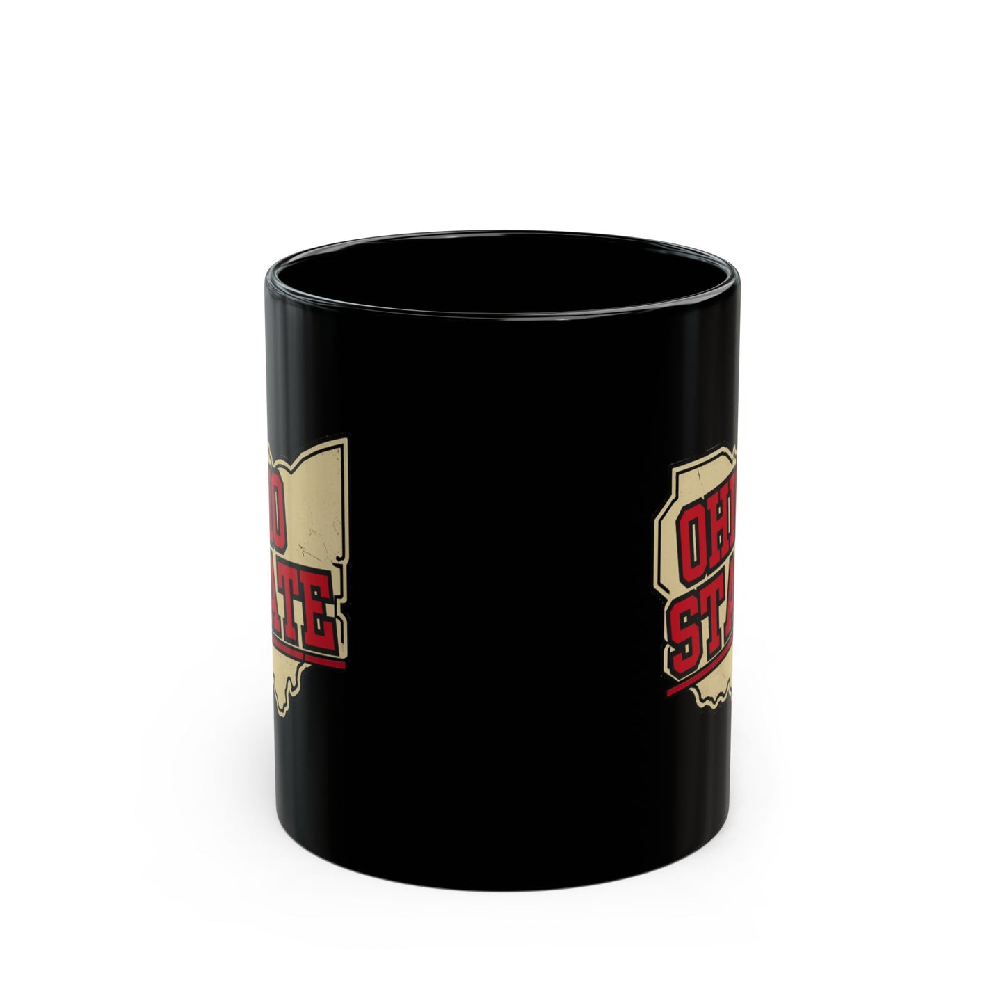Black ceramic mug with Ohio outline and text.
