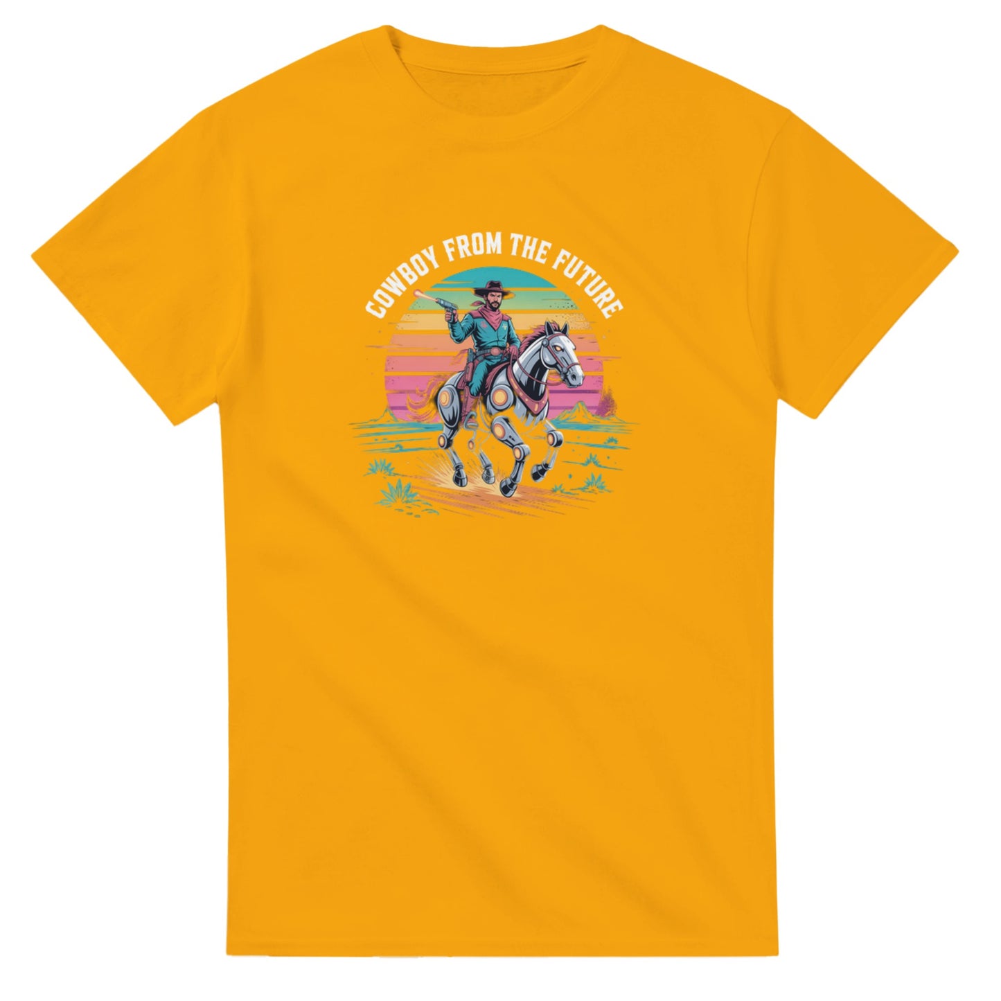 Retro-Futuristic Cowboy graphic design on a Heavyweight T-shirt