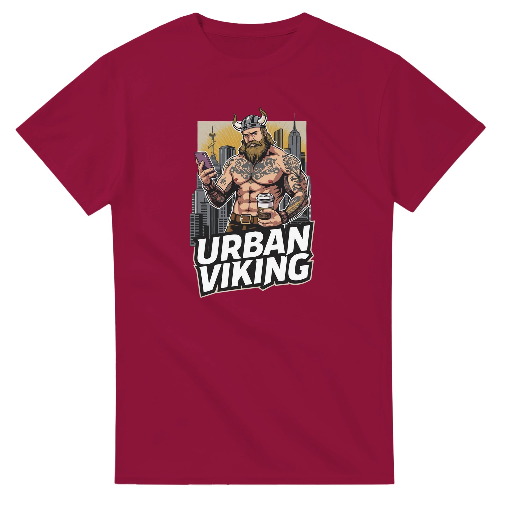 Person wearing a gray t-shirt with 'Urban Viking' graphic design in an indoor setting