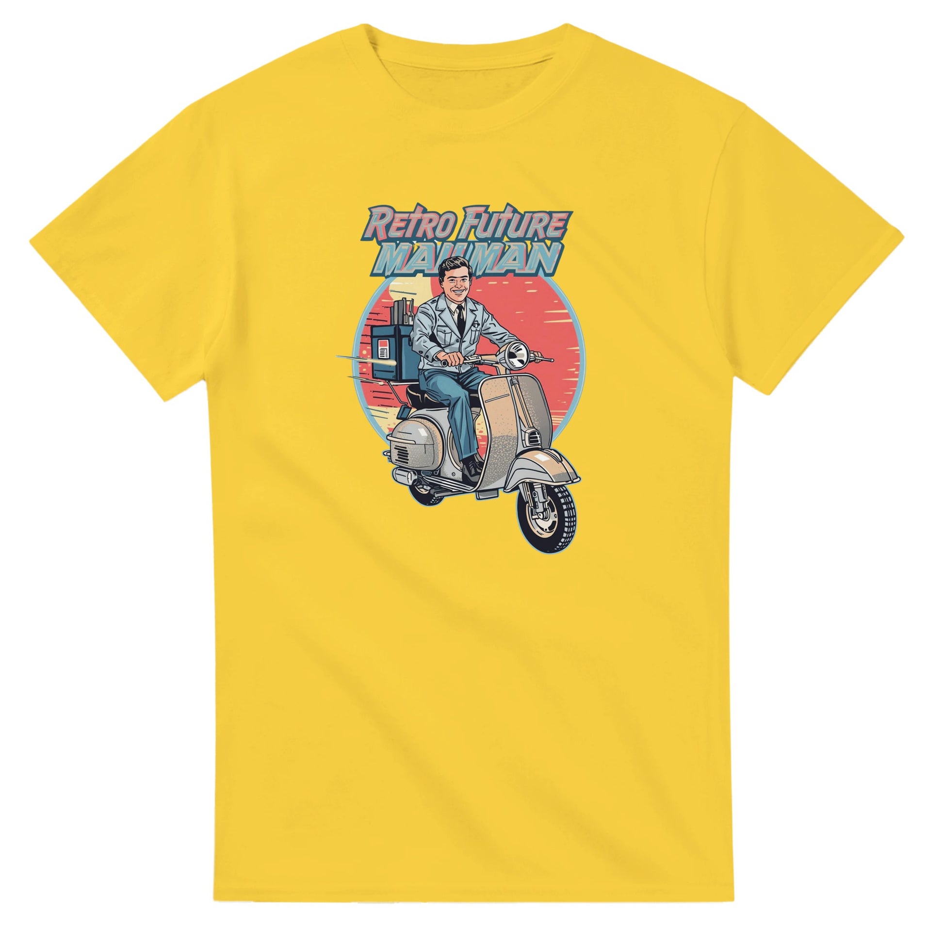 Man wearing a t-shirt with a retro design of a man on a scooter.