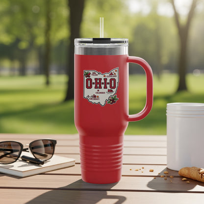 Travel mug with Ohio map graphic and city names.