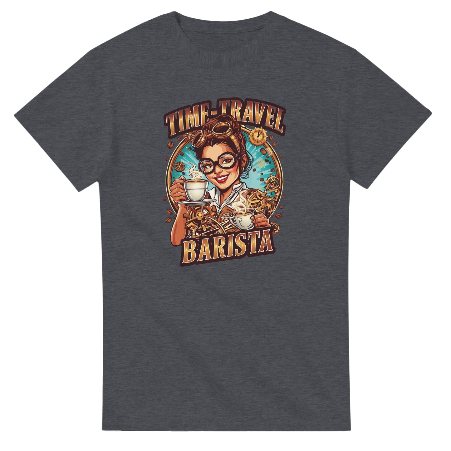 Time-Travel Barista graphic design on a Heavyweight T-shirt