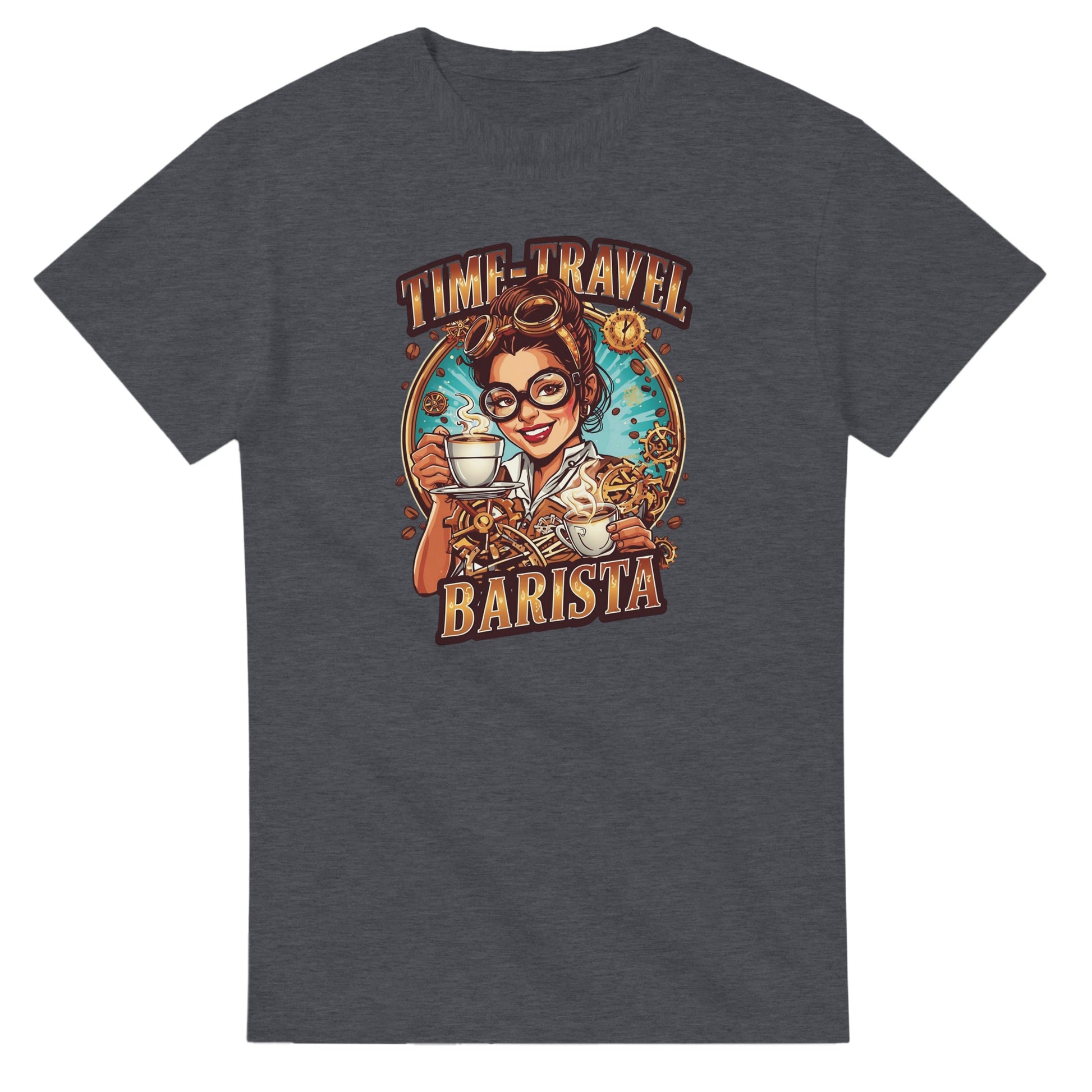 Time-Travel Barista graphic design on a Heavyweight T-shirt