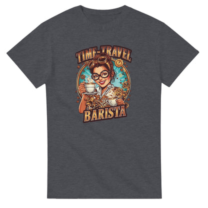 Time-Travel Barista graphic design on a Heavyweight T-shirt
