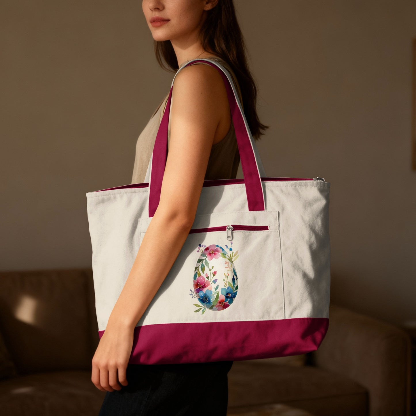 Floral Easter Egg Design Burgundy Accent Tote Bag product type