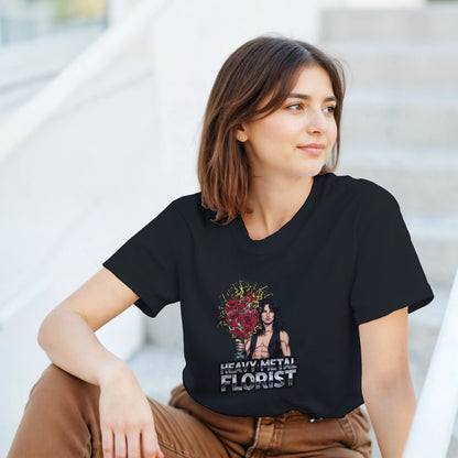 Woman wearing a t-shirt with a graphic design in a mall setting
