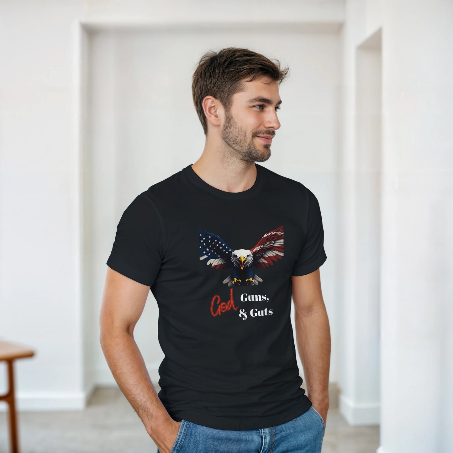 God, Guns, & Guts Patriotic Eagle on a Heavyweight T-shirt