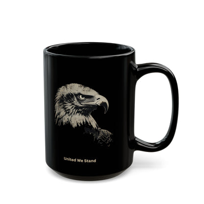 Black mug with eagle profile and "United We Stand" text.