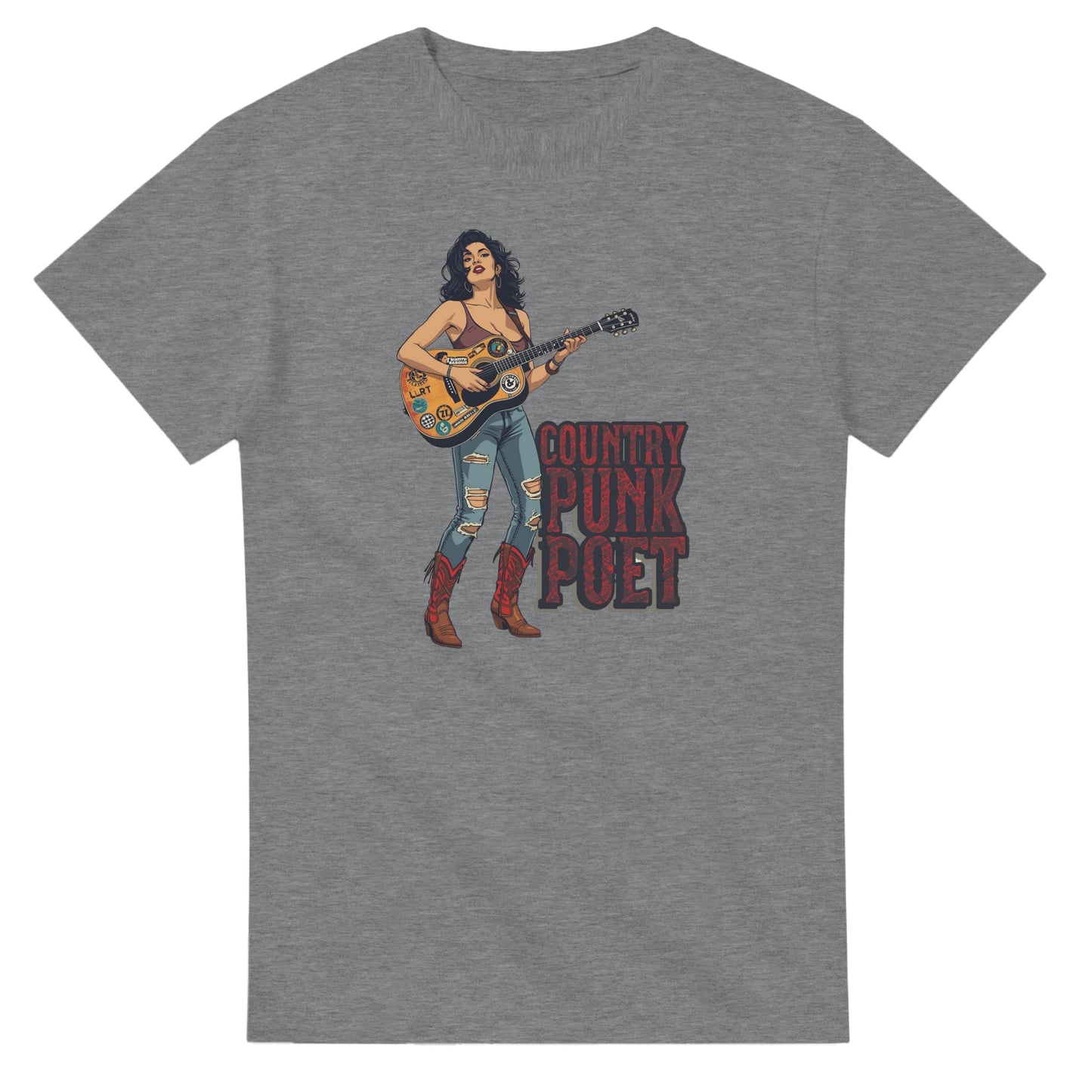 Woman wearing a red t-shirt with a graphic design, holding shopping bags in a mall.