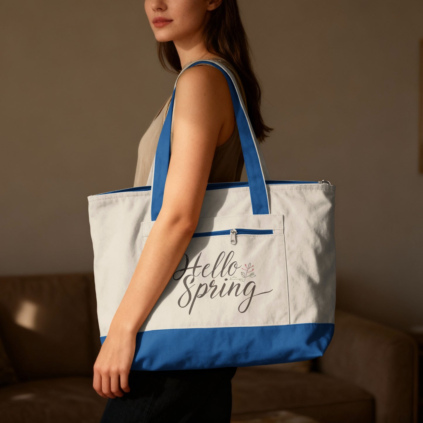 Hello Spring Floral Blue White Zipper Tote Bag product type
