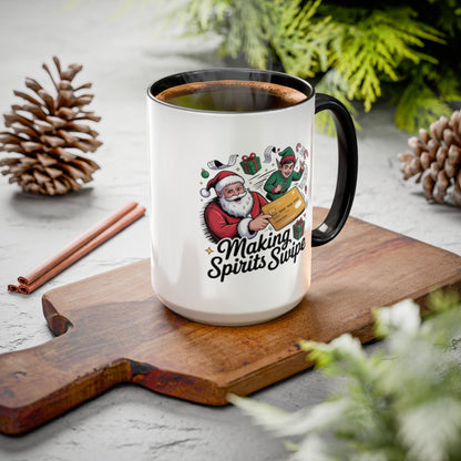 Festive Santa and Elf Making Spirits Bright Holiday Mug