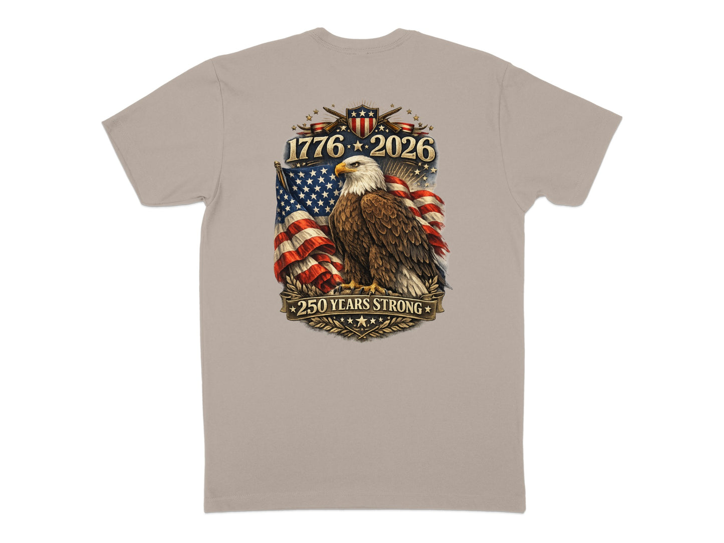 Eagle with American flag and text "1776 2026 250 YEARS STRONG".