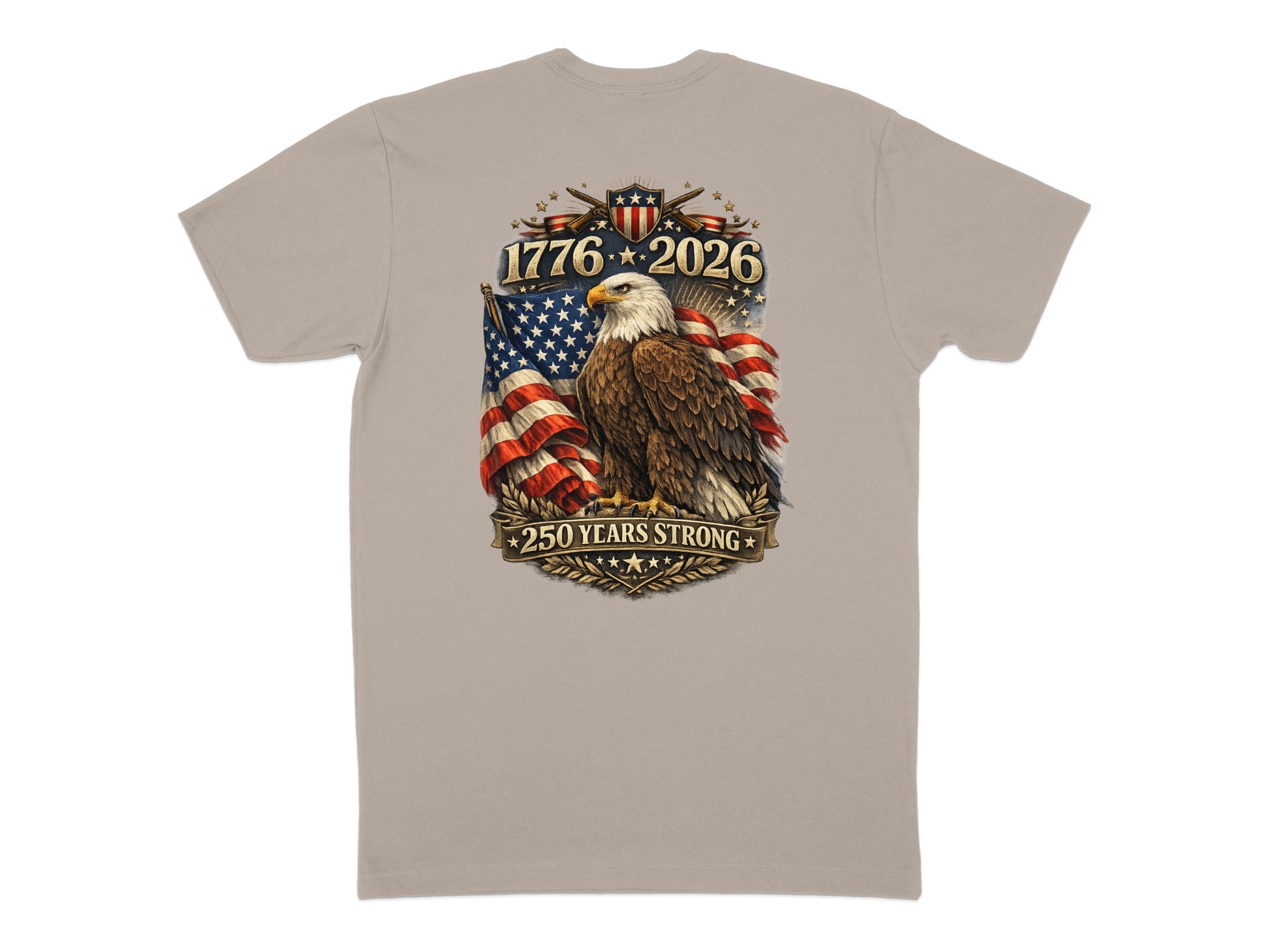 Eagle with American flag and text "1776 2026 250 YEARS STRONG".
