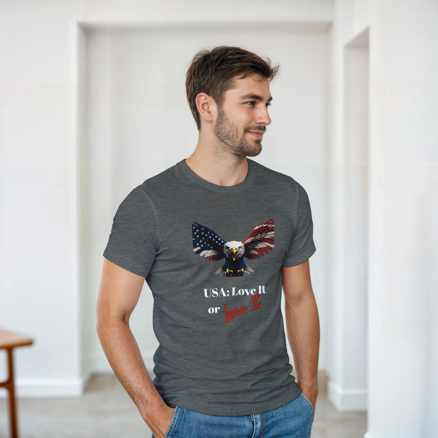 Love It or Leave It Patriotic Eagle on a Heavyweight T-shirt