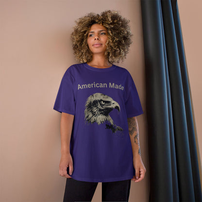 American Made text above an eagle head on a Champion Tee