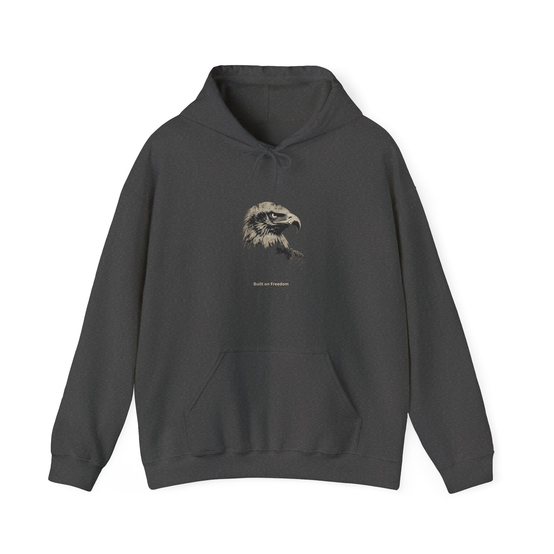 Built of Freedom smaller text below an eagle head on a Pullover Hoodie