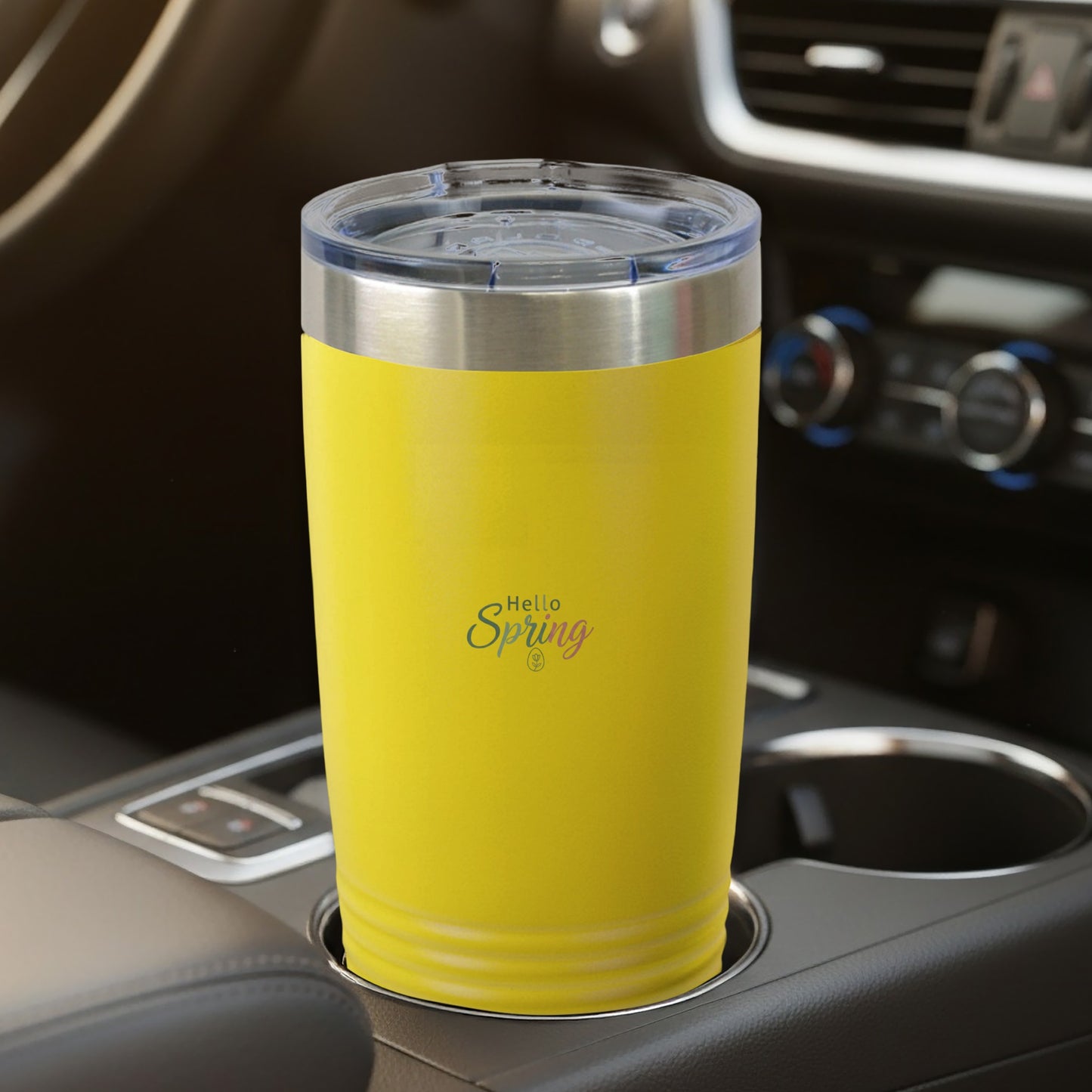 Bright Yellow 'Hello Spring' Travel Mug for Hot or Cold Drinks