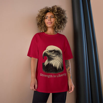 Engraved Eagle - Strength in Liberty - text on the bottom of a Champion Tee