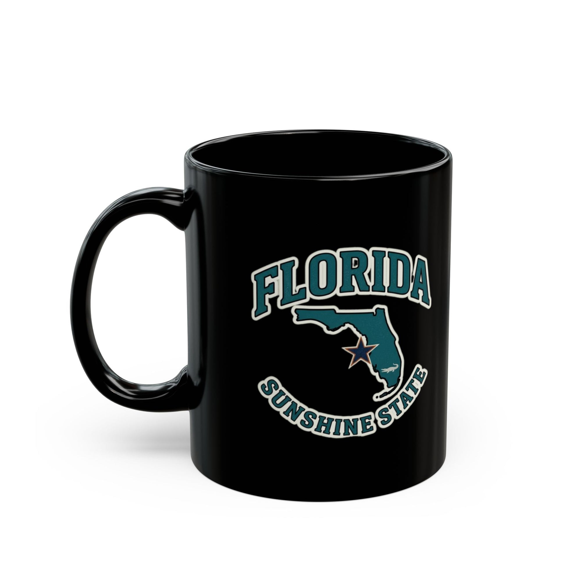 Black mug with "Florida Sunshine State" text and state outline.
