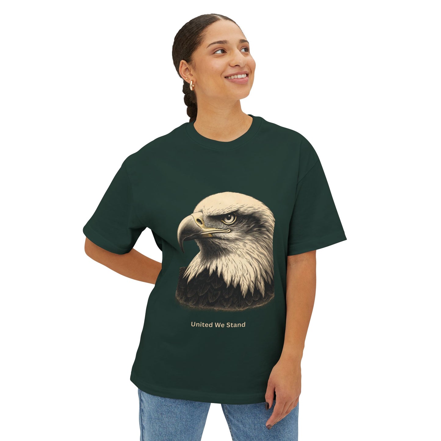Engraved Eagle - United We Stand text at the muted of a premium tee