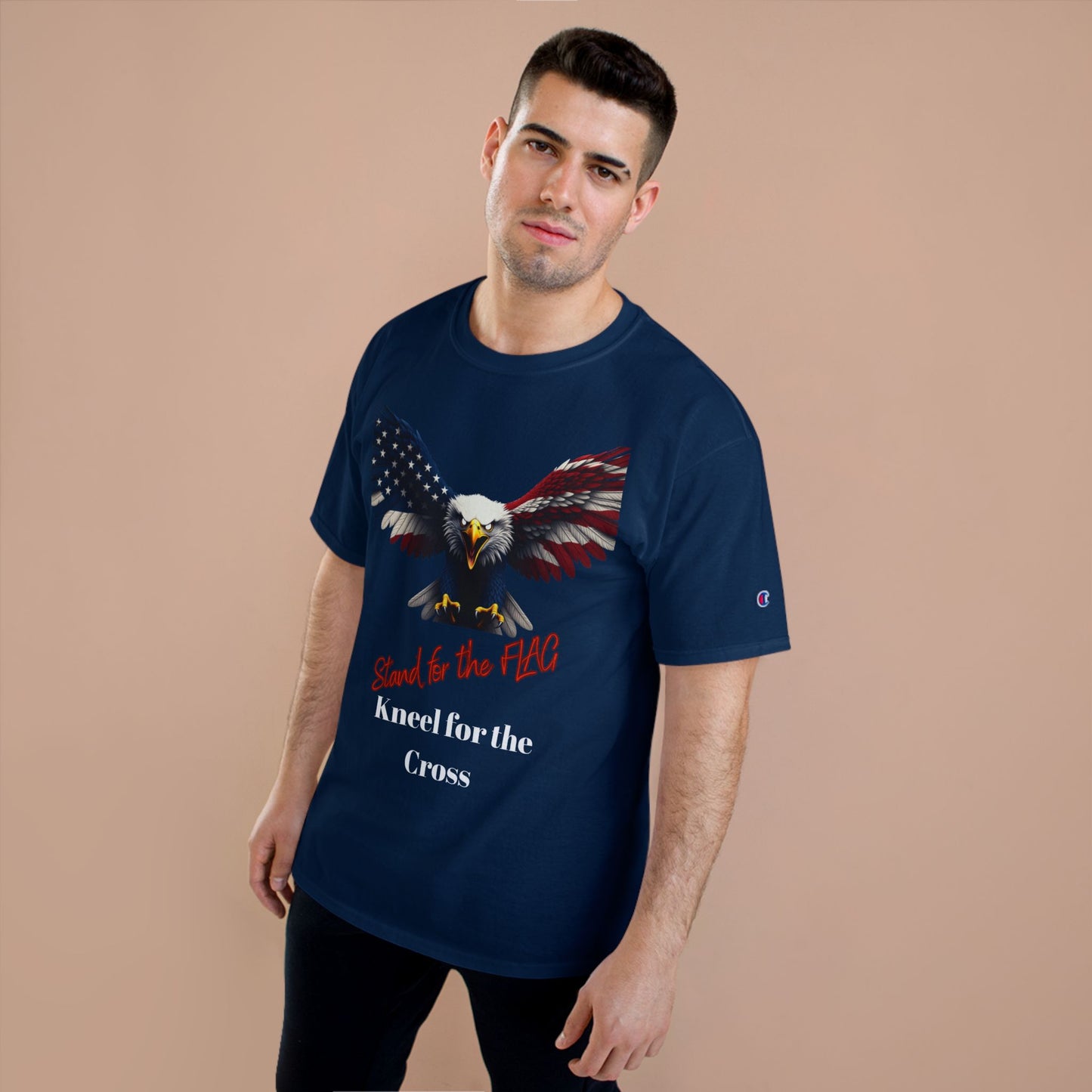Stand For The Flag Kneel For The Cross Patriotic Eagle on a Champion T-shirt