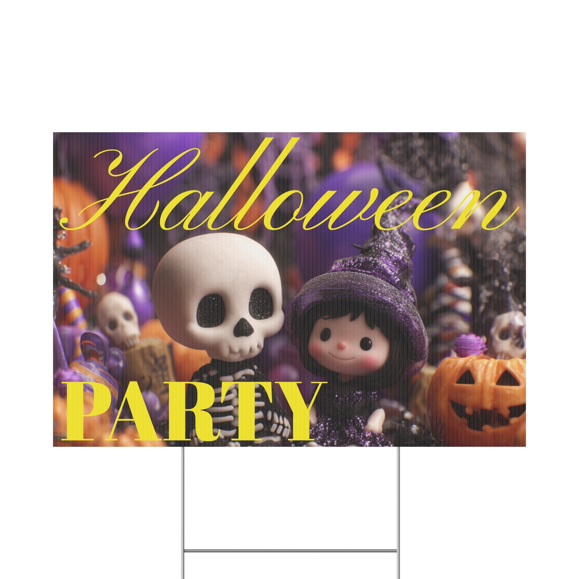 Halloween-themed party sign with cartoon characters on a grassy lawn