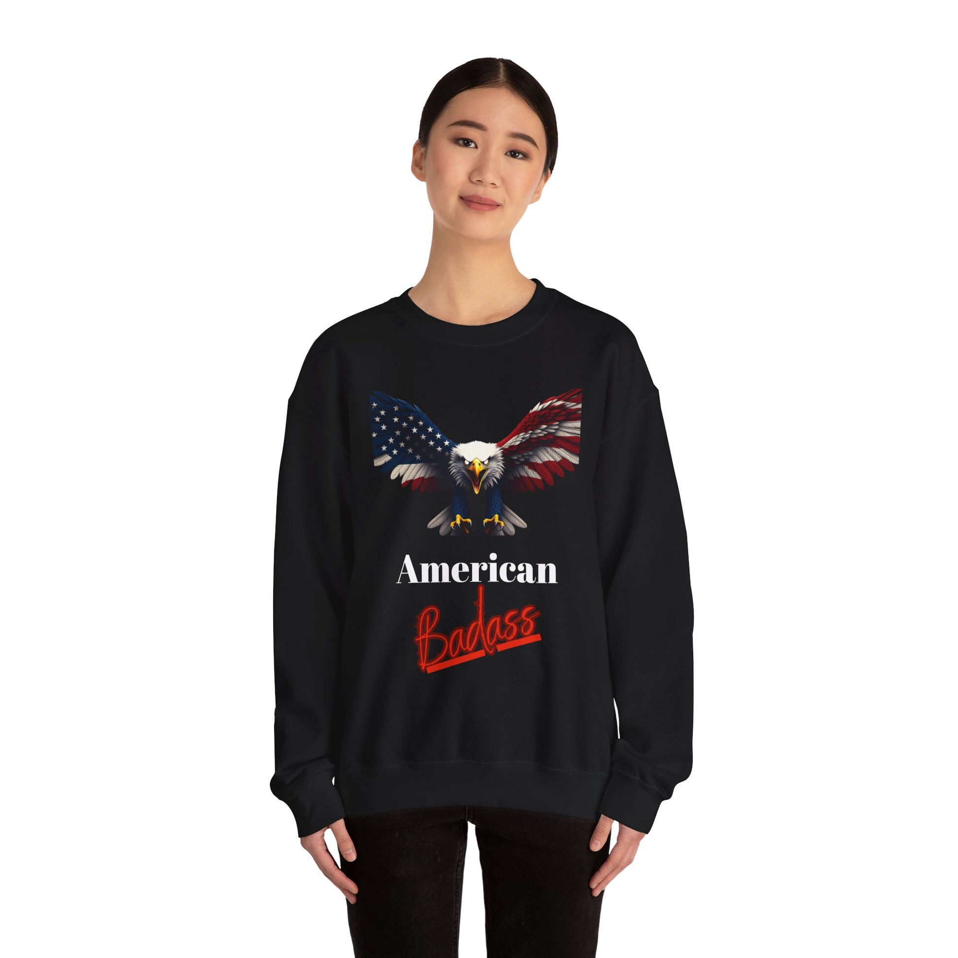 American Badass Patriotic Eagle text on a Crewneck Sweatshirt